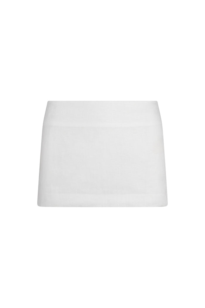 Front view of Fontelina mini skirt in white linen showing high-rise waist and mini length on white background