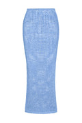 Front view of Fontelina Skirt in azure petit crochet, showing open-knit texture and fitted pencil silhouette on white background