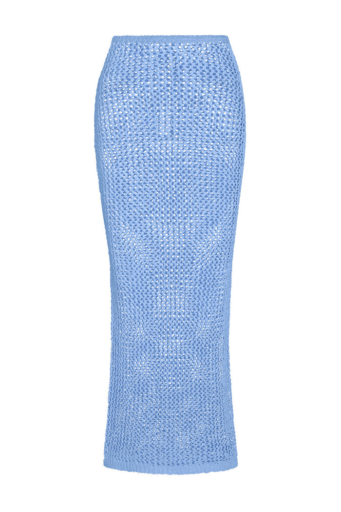 Front view of Fontelina Skirt in azure petit crochet, showing open-knit texture and fitted pencil silhouette on white background