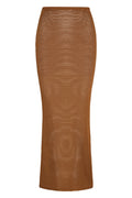 Front view of Fontelina skirt in Caramel Treble Knit showcasing ribbed crochet knit texture on white background