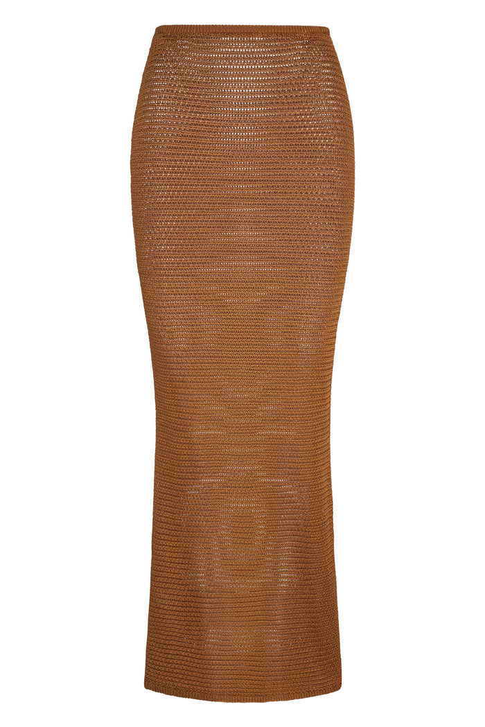 Front view of Fontelina skirt in Caramel Treble Knit showcasing ribbed crochet knit texture on white background
