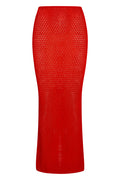 Front view of Fontelina Skirt in Chili Pepper lace crochet showcasing open-knit semi-sheer maxi silhouette on white background