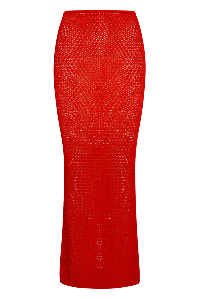 Front view of Fontelina Skirt in Chili Pepper lace crochet showcasing open-knit semi-sheer maxi silhouette on white background