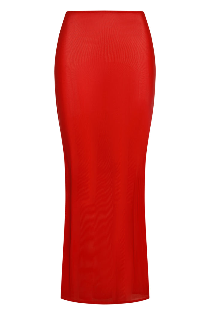 Front view of Fontelina Skirt in Chili Pepper mesh showing elastic high waist, semi-sheer knit, and straight hem on white background