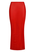 Front view of Fontelina Skirt in Chili Pepper mesh showing elastic high waist, semi-sheer knit, and straight hem on white background