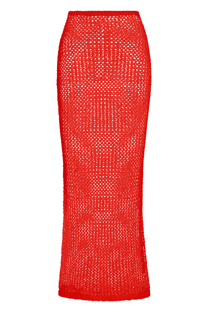 Front view of Fontelina skirt in Chili Pepper showing petit crochet open-knit texture on white background
