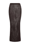 Front view of Fontelina Skirt in Espresso Petit Crochet showcasing open-knit ankle-length pencil silhouette on white background
