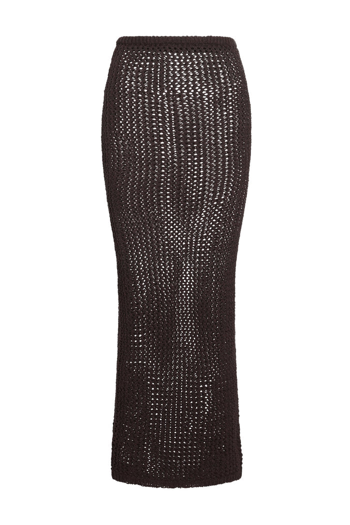 Front view of Fontelina Skirt in Espresso Petit Crochet showcasing open-knit ankle-length pencil silhouette on white background