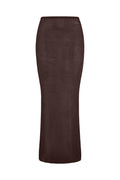 Front view of Fontelina Skirt in espresso treble knit showing fitted midi silhouette and open knit texture on white