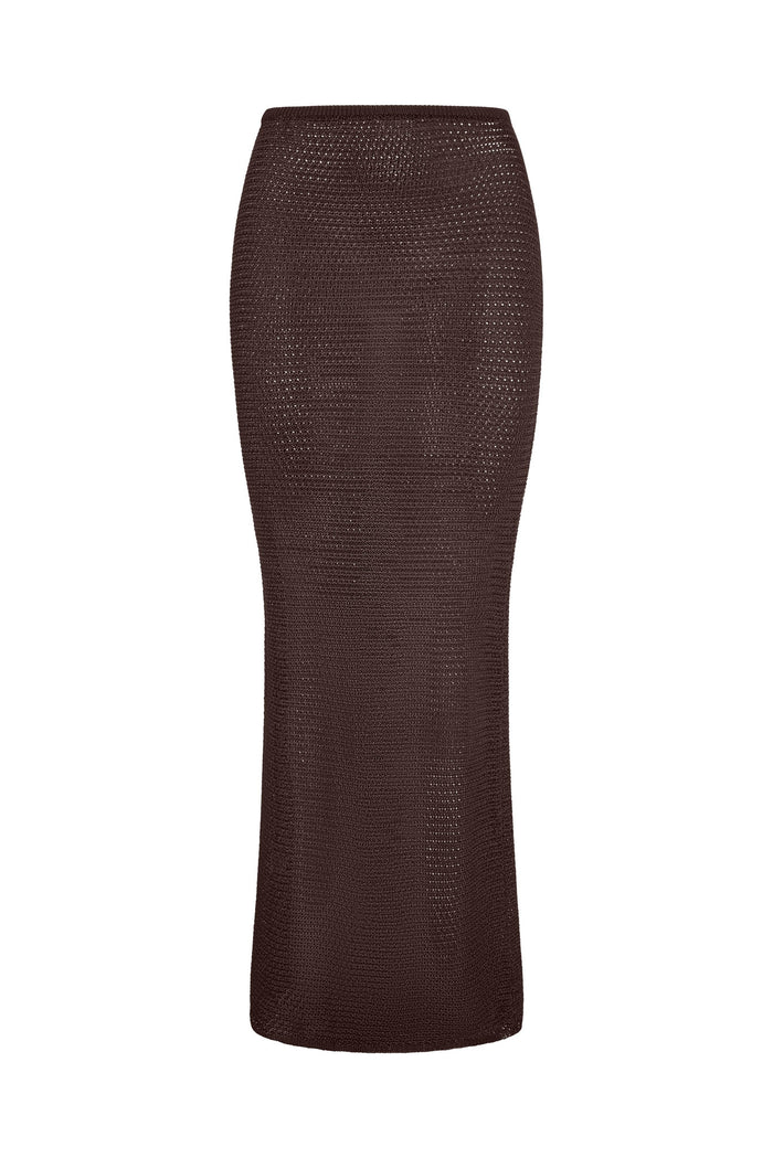 Front view of Fontelina Skirt in espresso treble knit showing fitted midi silhouette and open knit texture on white