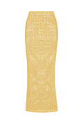 Front view of Fontelina skirt in honey petit crochet, fitted high-waist midi with open-knit texture on white background