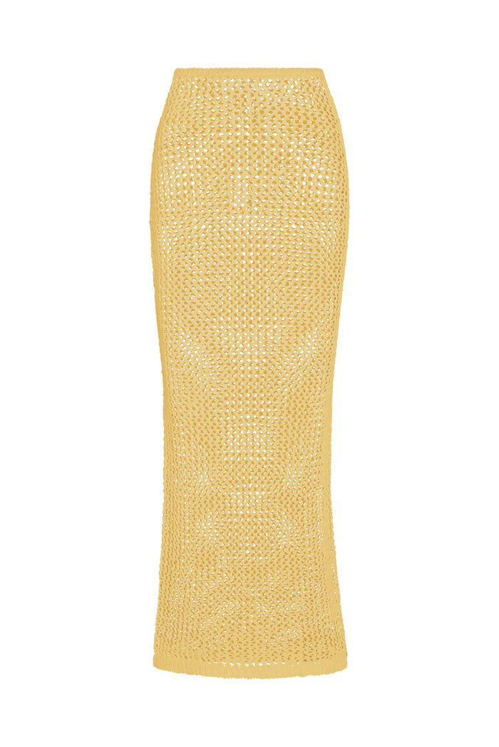 Front view of Fontelina skirt in honey petit crochet, fitted high-waist midi with open-knit texture on white background