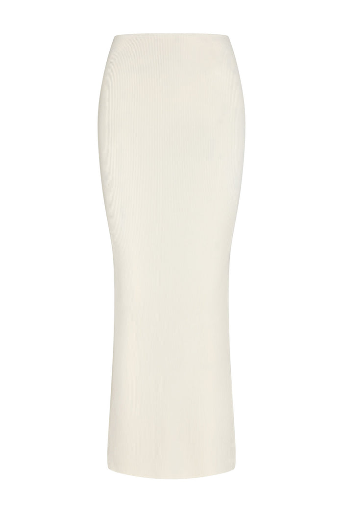 Cream ribbed knit maxi skirt, long fitted column silhouette with slight flare at hem