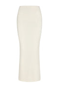 Cream ribbed knit maxi skirt, long fitted column silhouette with slight flare at hem
