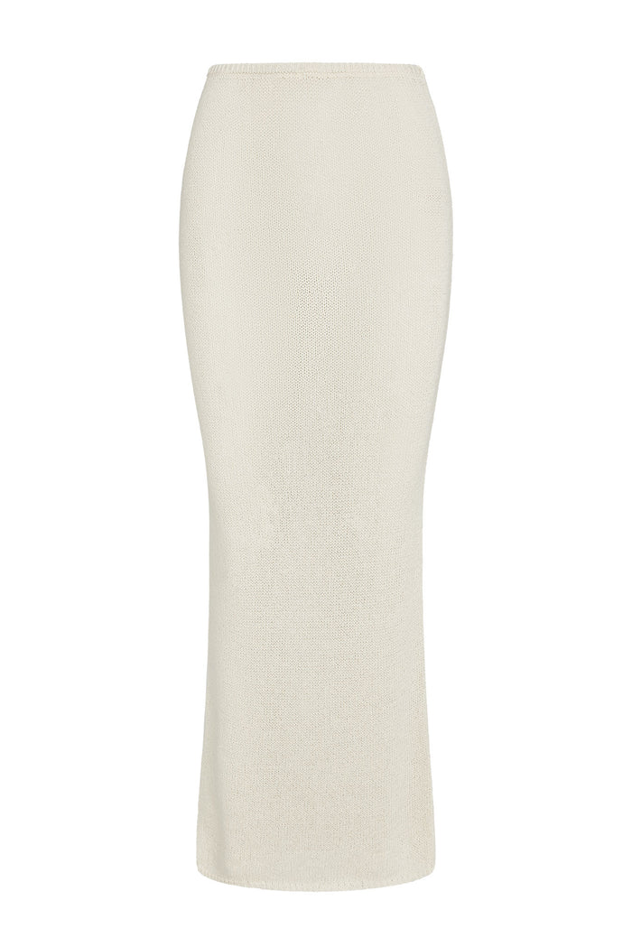 Front view of Fontelina Skirt in Ivory open knit showcasing fitted floor-length silhouette and sheer crochet texture on white background