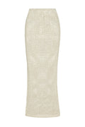 Front view of Fontelina skirt in ivory petit crochet, fitted waist, straight maxi silhouette, open knit on white background