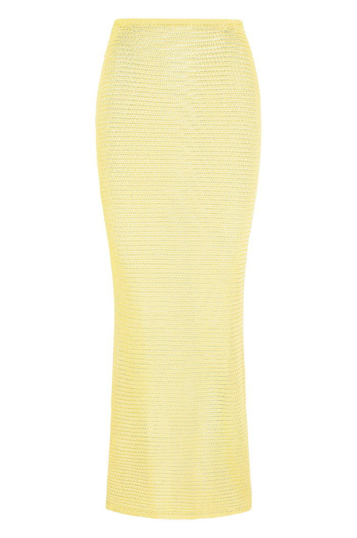 Front view of Fontelina Skirt Meyer Treble Knit showing yellow treble knit texture, elastic waist and straight hem on white background