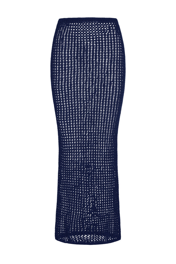 Navy blue open-knit crochet midi pencil skirt with straight waist and slight flare at hem