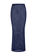 Navy blue open-knit crochet midi pencil skirt with straight waist and slight flare at hem