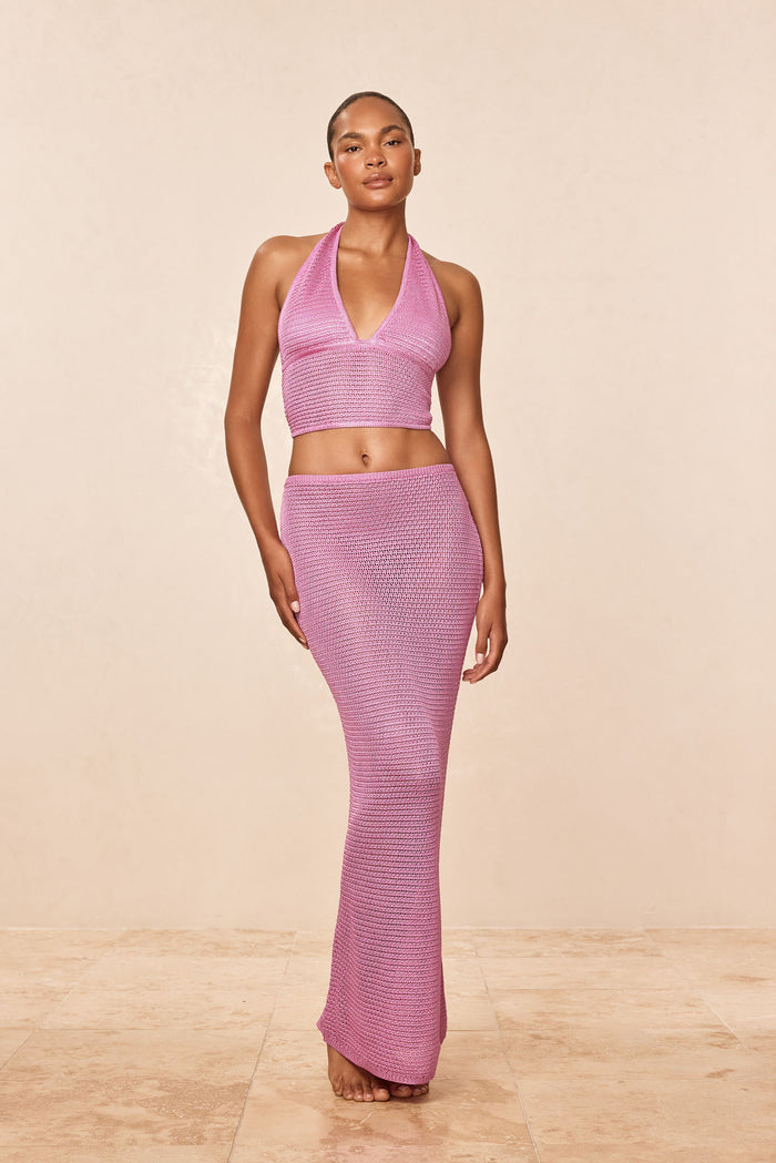 Front view of Fontelina Skirt in Moonlight treble knit on model, showing elastic waist, straight cut hem and semi sheer knit