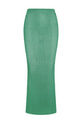 Front view of Fontelina Skirt in Pond lace crochet, fitted pencil silhouette showing open crochet texture on white background