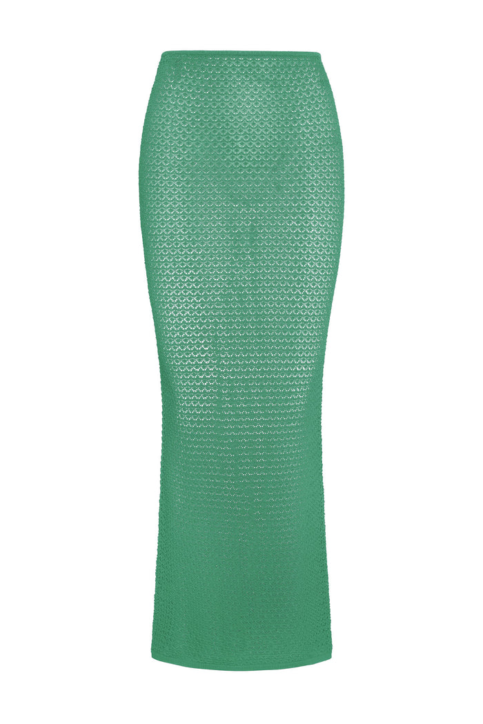 Front view of Fontelina Skirt in Pond lace crochet, fitted pencil silhouette showing open crochet texture on white background