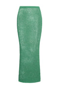 Green open-knit crochet midi skirt with high waist and pencil silhouette