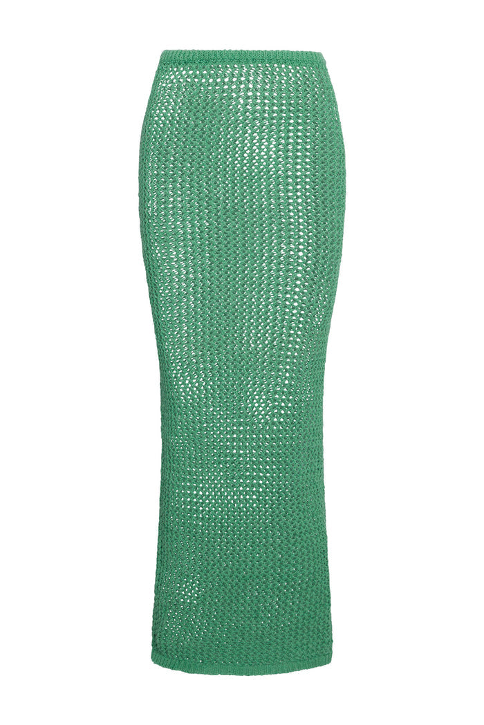 Green open-knit crochet midi skirt with high waist and pencil silhouette