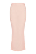 Front view of Fontelina Skirt in powder pink linen showing high rise slim maxi silhouette and straight hem on white background
