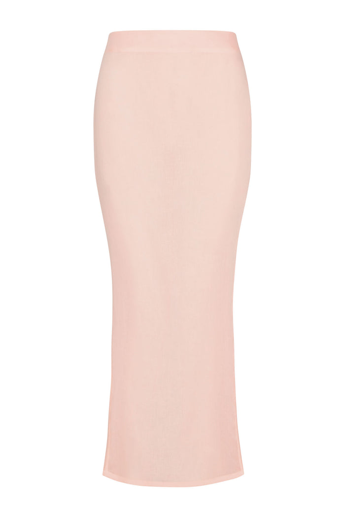 Front view of Fontelina Skirt in powder pink linen showing high rise slim maxi silhouette and straight hem on white background