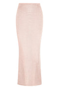 Front of Fontelina Skirt, powder pink treble knit, fitted midi with textured horizontal knit on white background
