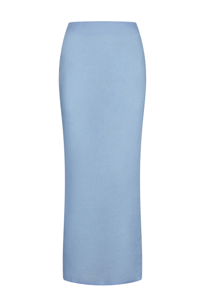 Front of Fontelina skirt in Sky Linen showcasing high-waist fitted pencil silhouette, ankle-length on white background