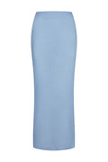 Front of Fontelina skirt in Sky Linen showcasing high-waist fitted pencil silhouette, ankle-length on white background