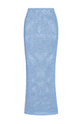 Front view of Fontelina skirt in sky blue petit crochet showcasing open knit pencil silhouette on white background