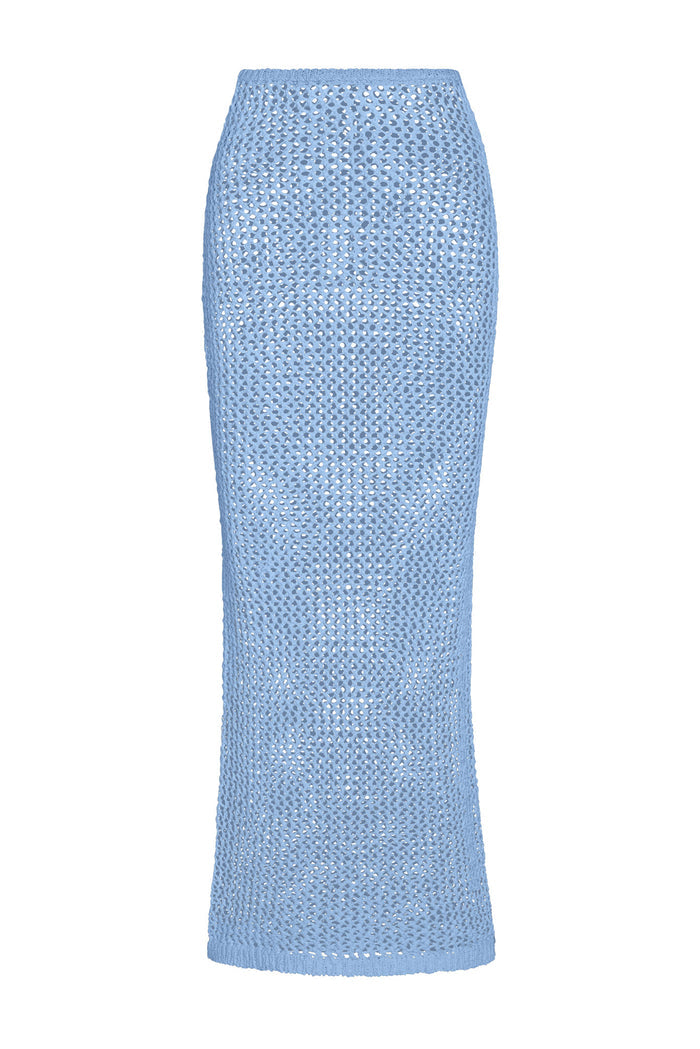 Front view of Fontelina skirt in sky blue petit crochet showcasing open knit pencil silhouette on white background