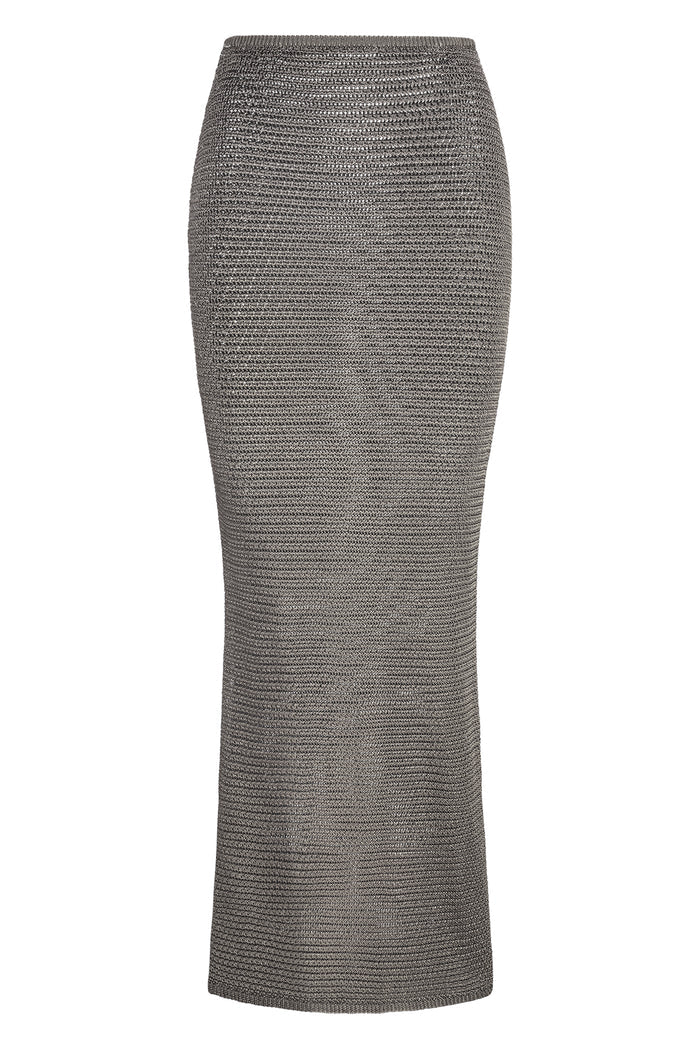 Front view of Fontelina Skirt in steel treble knit showcasing textured knit and slim pencil silhouette on white background