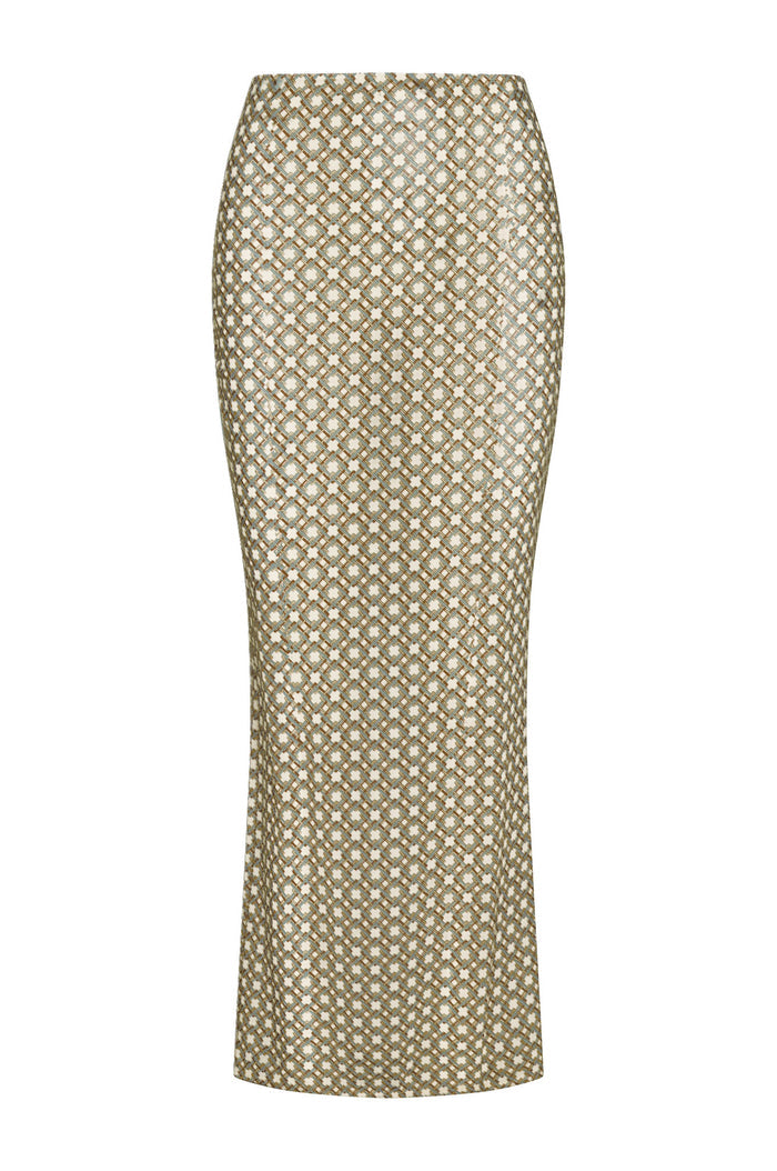Front view of Fontelina Skirt Tile Geo mesh showing fitted high‑waist pencil silhouette and beige geometric tile pattern on white background