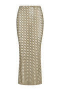 Front view of Fontelina Skirt Tile Geo mesh showing fitted high‑waist pencil silhouette and beige geometric tile pattern on white background