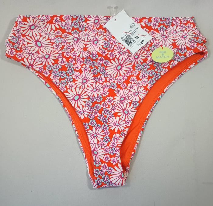Forever 21 Medium Fiesta Multi Floral Swim Bikini Bottoms Orange Pink White