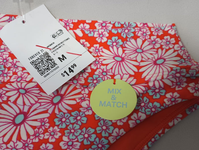 Forever 21 Medium Fiesta Multi Floral Swim Bikini Bottoms Orange Pink White