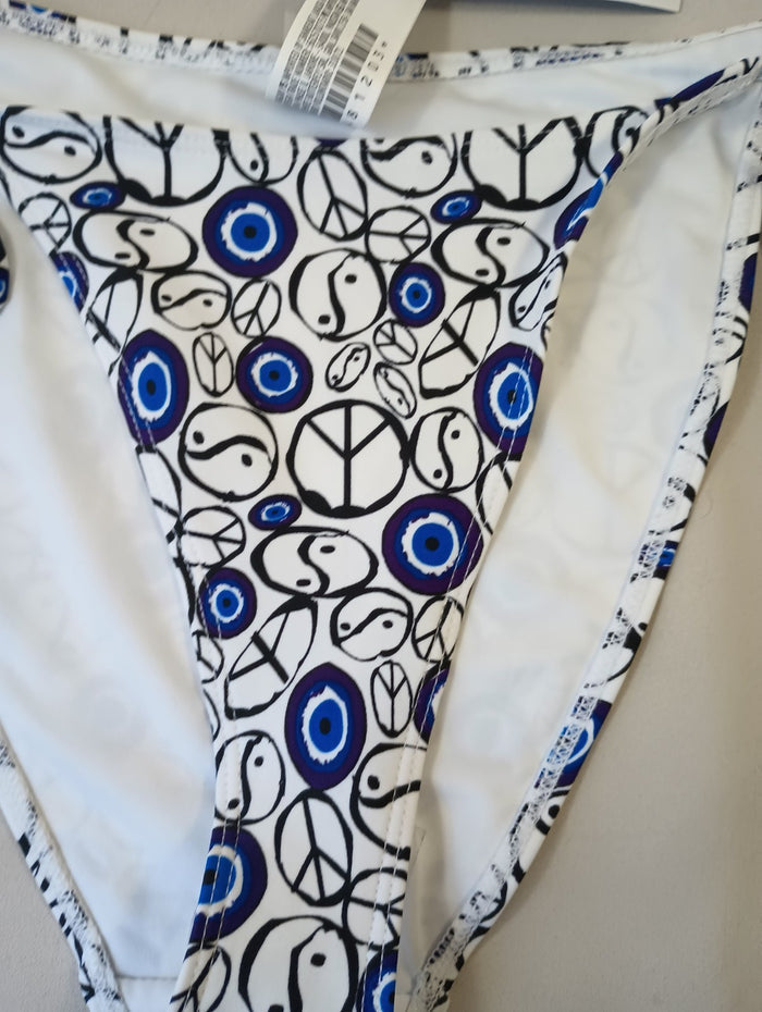 Forever 21 XL Peace Yin Yang Swim Bikini Bottoms Beaded Sides Hygienic Liner