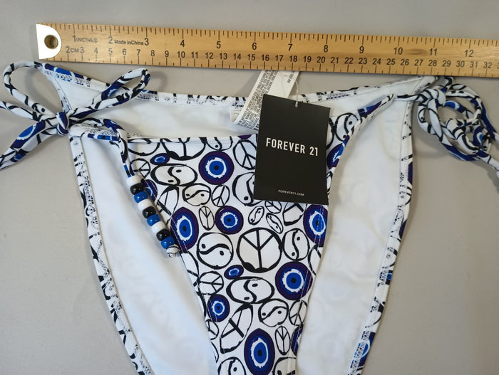 Forever 21 XL Peace Yin Yang Swim Bikini Bottoms Beaded Sides Hygienic Liner