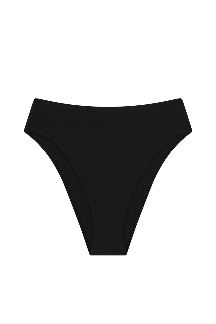 Black high-waist bikini bottom laid flat on white background