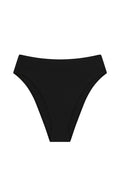 Black high-waist bikini bottom laid flat on white background