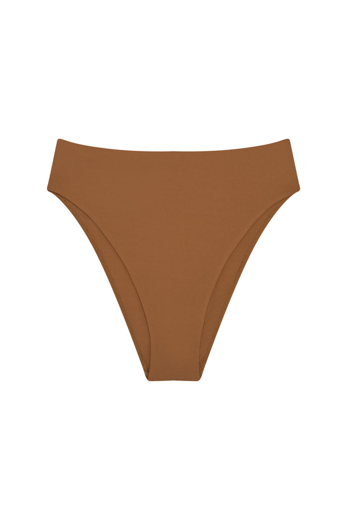 Front view of Formentera Bottom in Caramel showcasing high-waist, high-cut leg, and cheeky coverage on white background