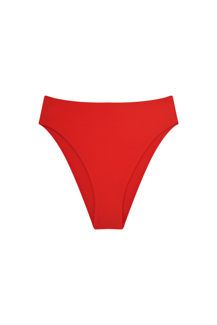 Front view of Formentera Bottom in Chili Pepper showing high-waisted, high-cut silhouette on white background