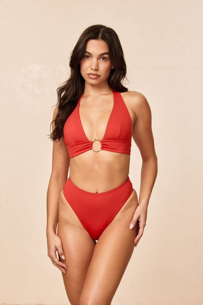 Front view of Formentera Bottom in Chili Pepper on model, high-waisted with high-cut leg and cheeky coverage
