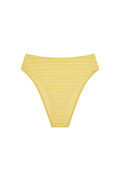 Front view of Formentera Bottom in Meyer Stripe showcasing high-waisted fit, high leg, and cheeky coverage on a white background