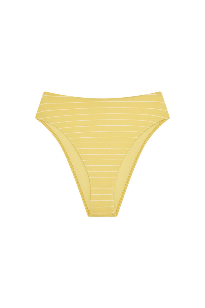 Front view of Formentera Bottom in Meyer Stripe showcasing high-waisted fit, high leg, and cheeky coverage on a white background