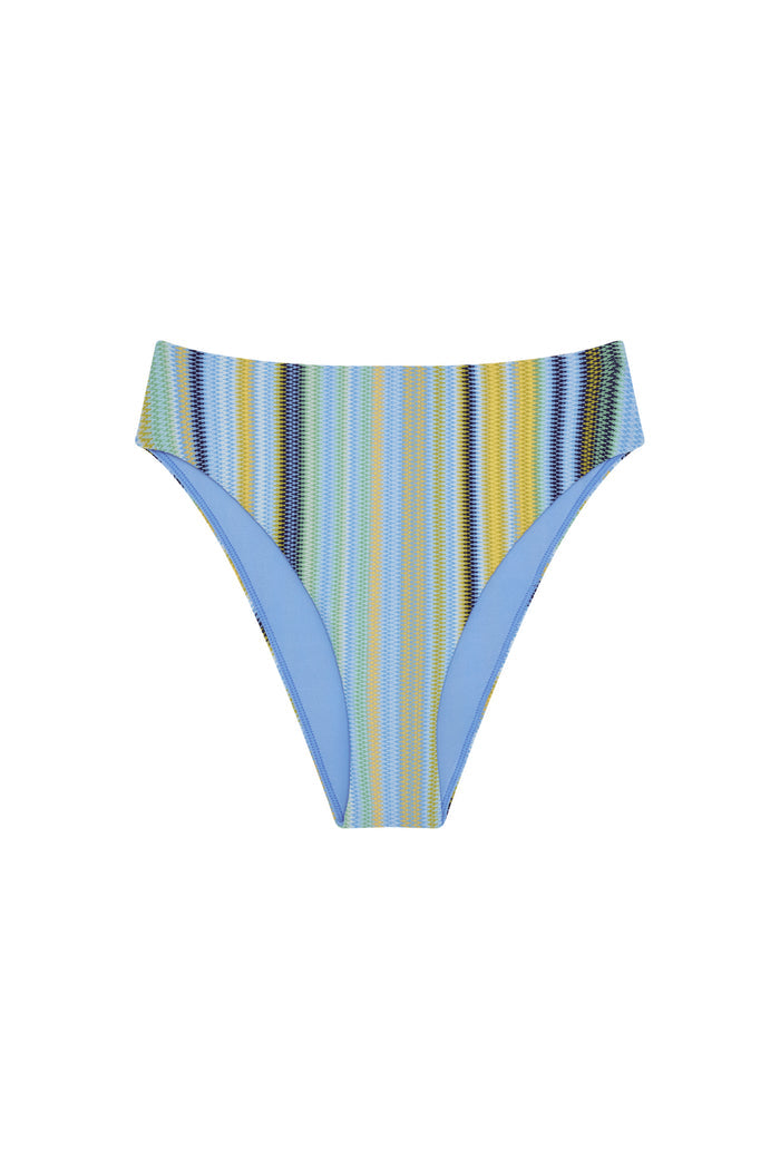 Front view of Formentera bottom in Sardinia Stripe Azure with high waist, high leg cheeky fit and multicolor stripes on white